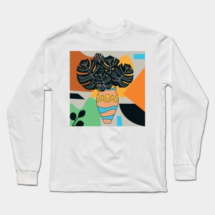 Abstract vase modern art black leaf branch with colored background, cute creative artwork Long Sleeve T-Shirt